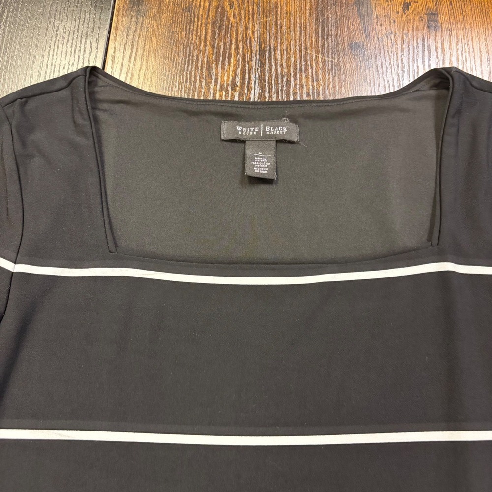 White House Black Market Floral Stripe Dress Black Blue Square Neck 3/4 Sleeve M - Picture 6 of 7